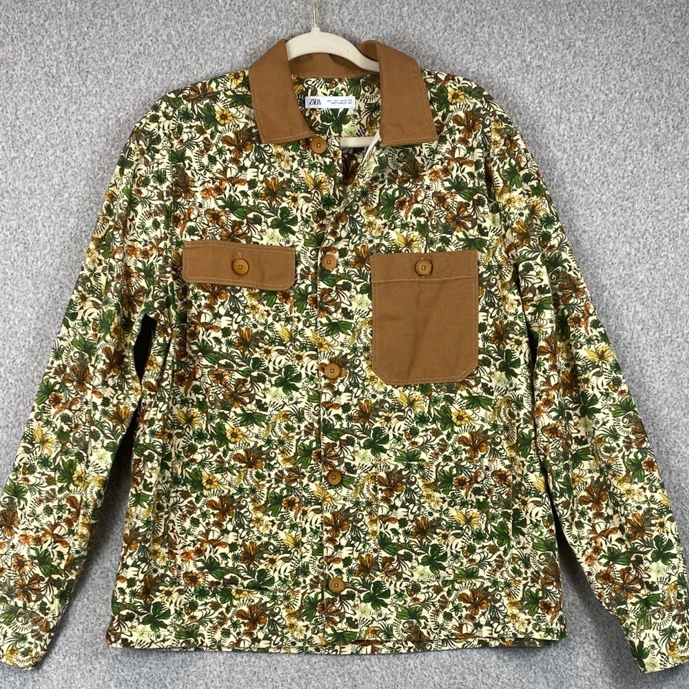 Zara canvas jacket L barn coat gardeners shirt floral cargo pockets
